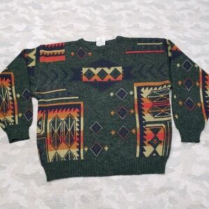 Vintage Peter Jon Sweater Mens XL Green Wool Blend Aztec Pullover Long Sleeve